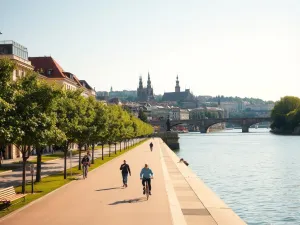 Promenada nad Odrą we Wrocławiu w słoneczne popołudnie, spacerowicze i rowerzysta na tle zabytkowych kamienic i kościołów