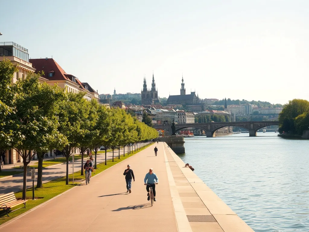 Promenada nad Odrą we Wrocławiu w słoneczne popołudnie, spacerowicze i rowerzysta na tle zabytkowych kamienic i kościołów