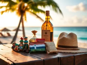 Kolorowe dominikańskie pamiątki na drewnianym stole na tle plaży: rum, kawa, kakao, figurki i słomkowy kapelusz