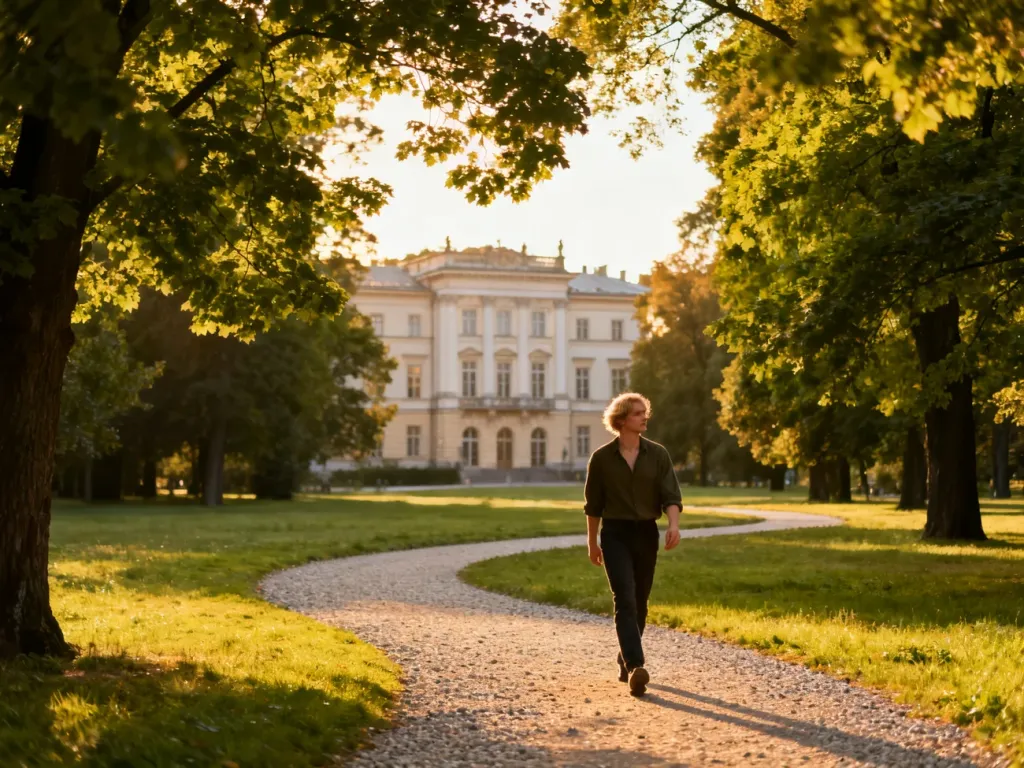 Spacerująca osoba na żwirowej alejce w Parku Ujazdowskim w Warszawie w ciepłym świetle zachodzącego słońca.
