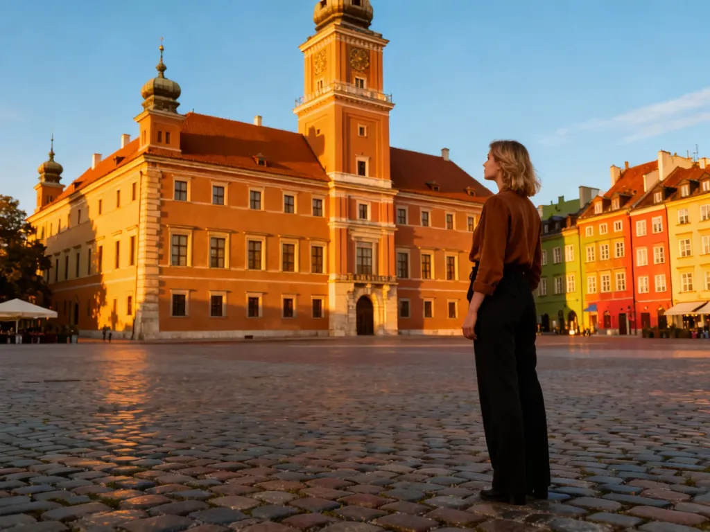 Kobieta podziwiająca Zamek Królewski w Warszawie w blasku zachodzącego słońca na tle zabytkowych kamienic Starego Miasta.