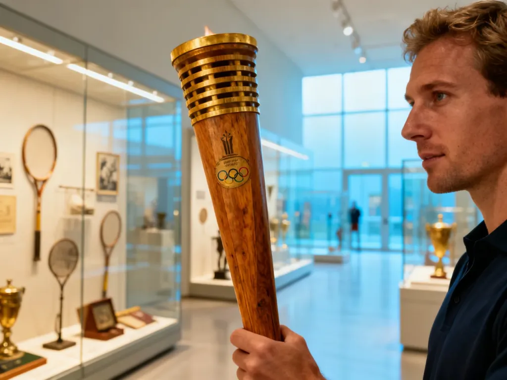Mężczyzna trzyma zabytkową pochodnię olimpijską na tle nowoczesnej sali wystawowej Muzeum Sportu i Turystyki w Warszawie.