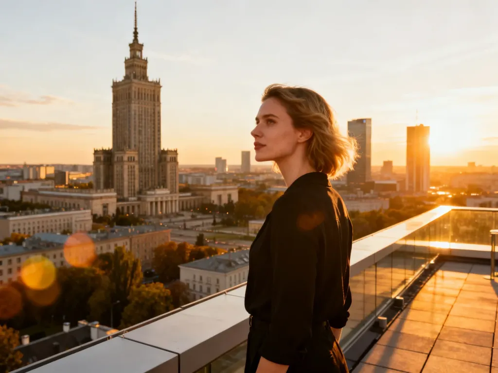 Kobieta na tarasie widokowym podziwiająca panoramę Warszawy z Pałacem Kultury i Nauki o zachodzie słońca.