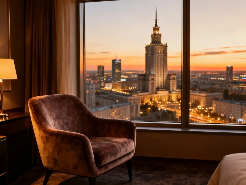 Luksusowy apartament hotelowy w Warszawie z widokiem na panoramę miasta i Pałac Kultury i Nauki podczas zachodu słońca.