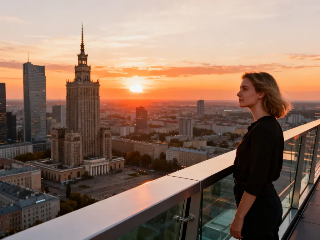 Kobieta podziwiająca panoramę Warszawy z tarasu widokowego podczas zachodu słońca.