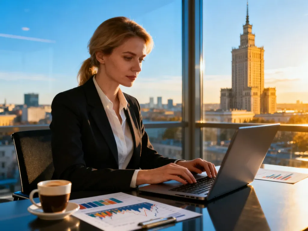 Kobieta pracująca przy laptopie w nowoczesnym biurze z widokiem na panoramę Warszawy w tle.
