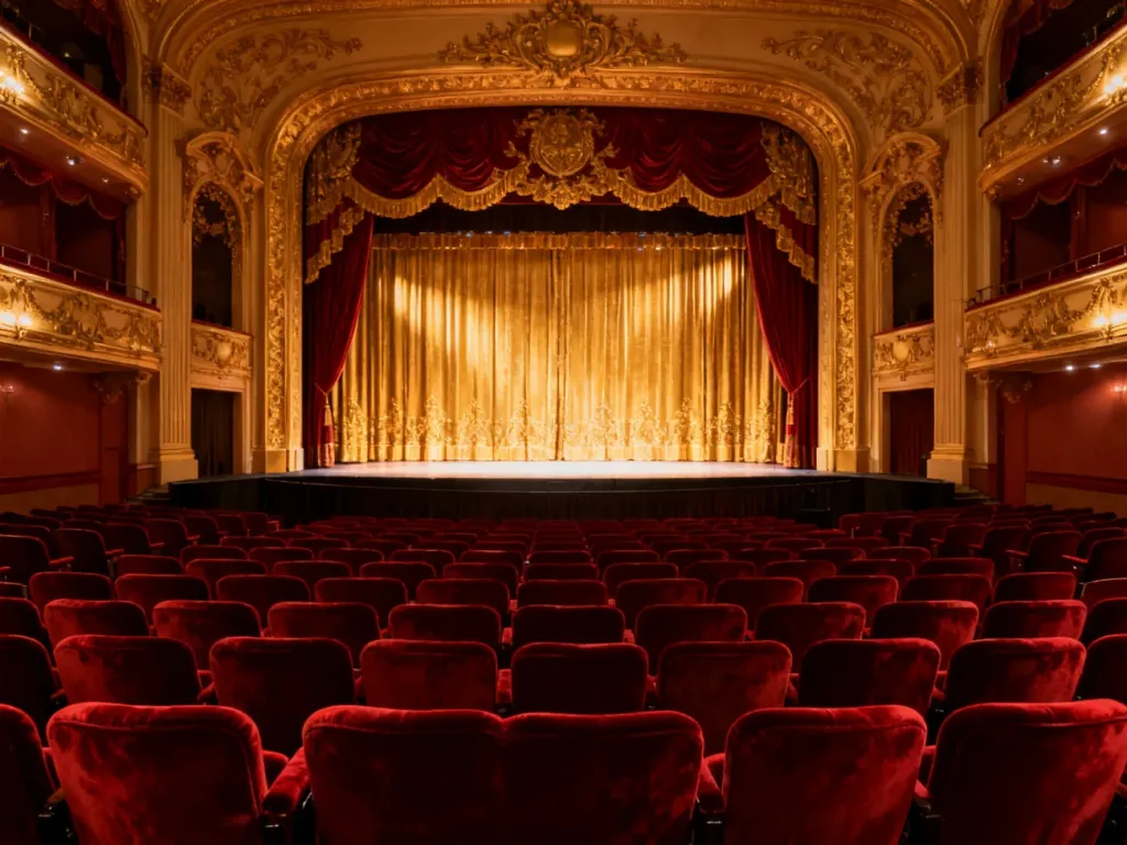 Widownia Teatru Współczesnego w Warszawie z czerwonymi fotelami i oświetloną, ozdobną sceną z ciężkimi kurtynami.